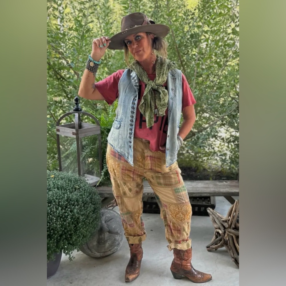 JADED GYPSY PATCHWORK AND CROCHET RIBBON PANT NWT